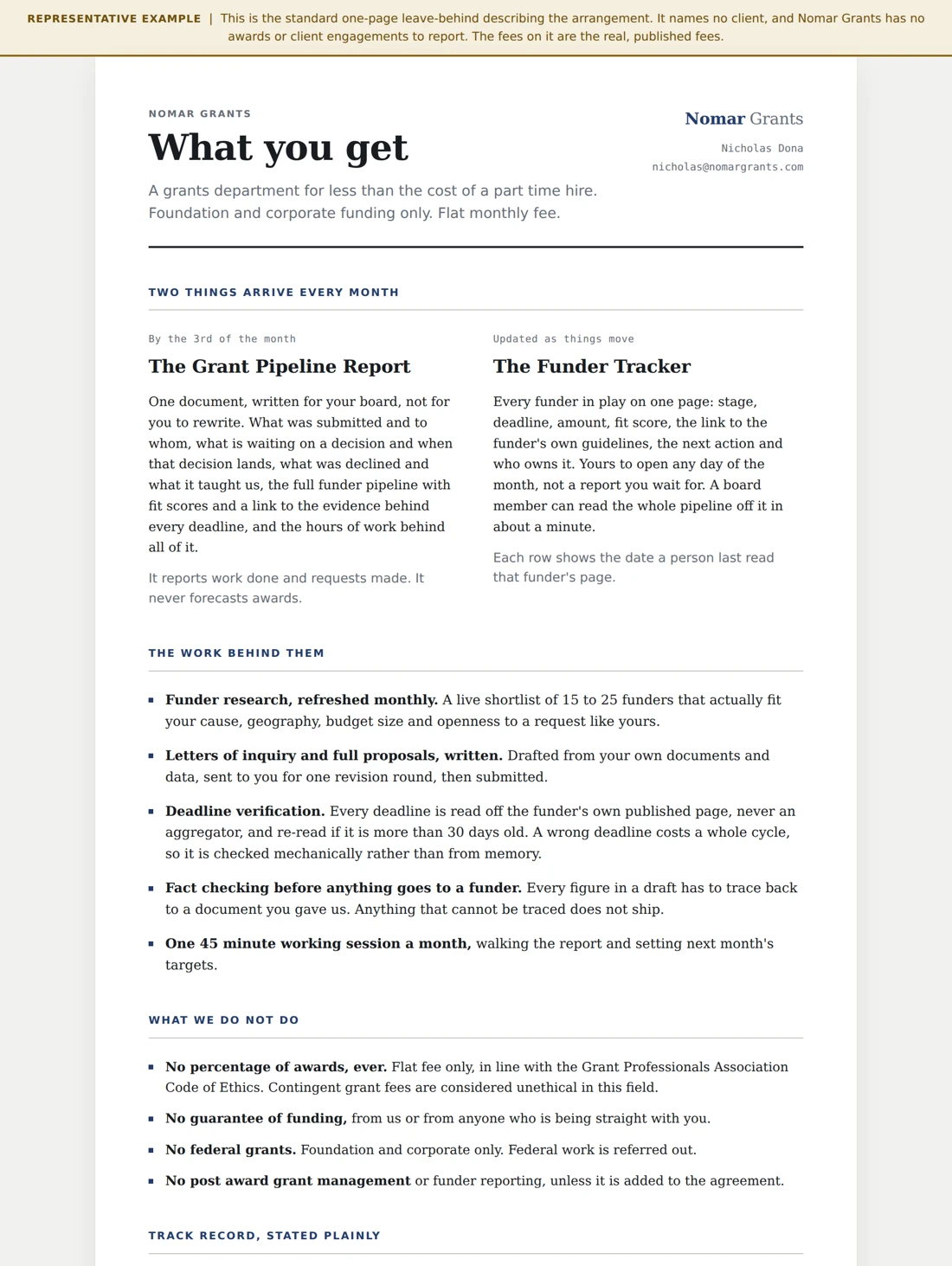The one page leave-behind, describing what arrives each month, the work behind it, what is not done, and the three fees.