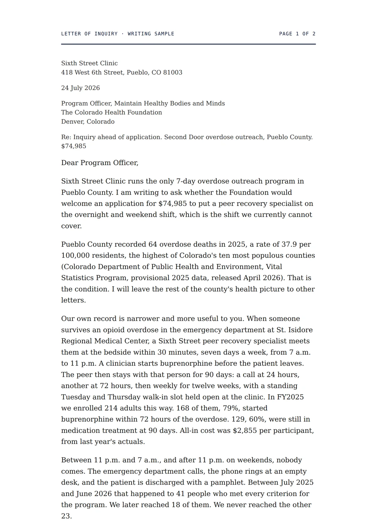 First page of the Sixth Street Clinic letter of inquiry, showing the request, the county overdose figure with its source, and the programme's own outcome numbers.